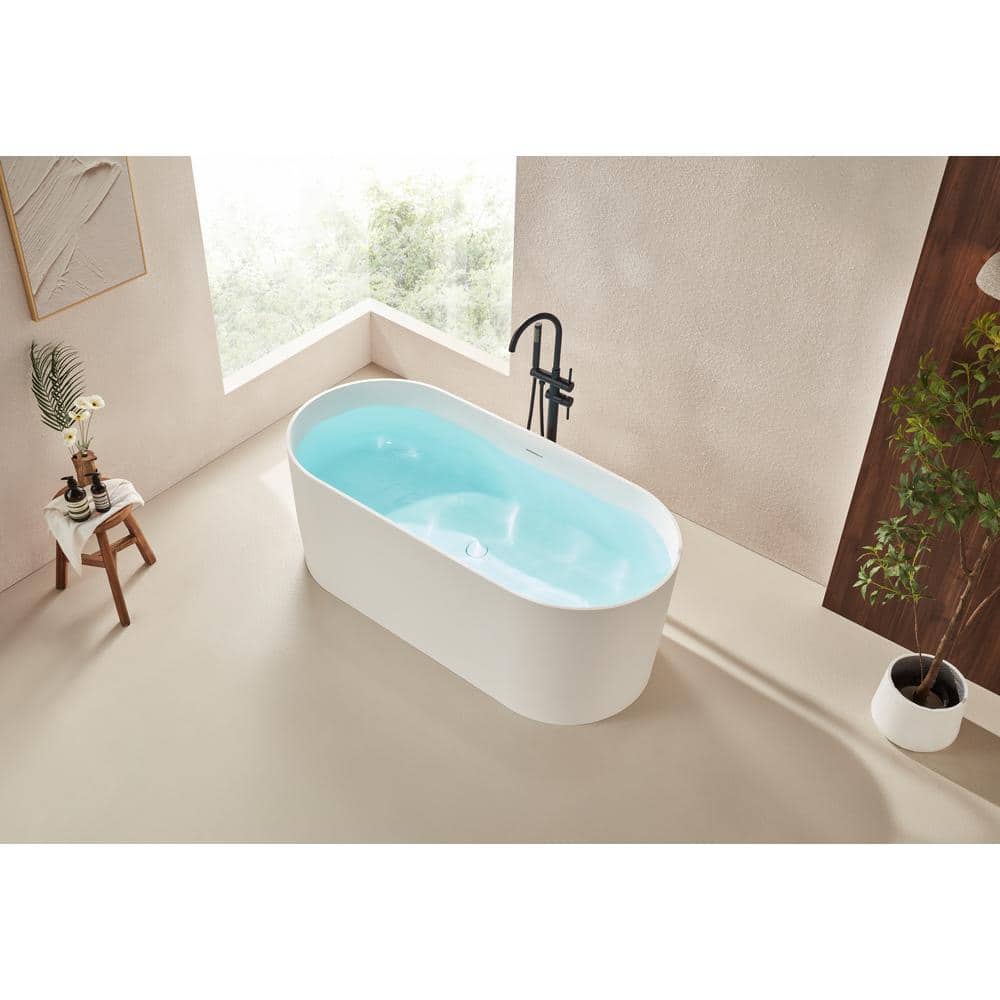 59" Glossy White Stone Resin Freestanding Soaking Bathtub