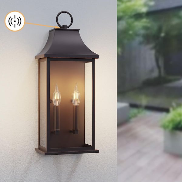 Montpelier 20.6 in. 2-Light Oil-Rubbed Bronze Dusk to Dawn Outdoor Hardwired Wall Lantern Scone