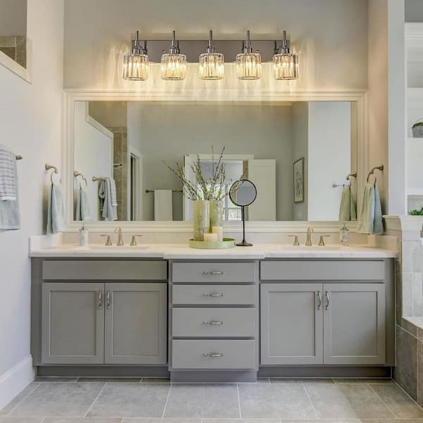 Schonbek 33 in. 5-Light Chrome Dimmable Modern Bathroom Vanity Light with Crystal Shades