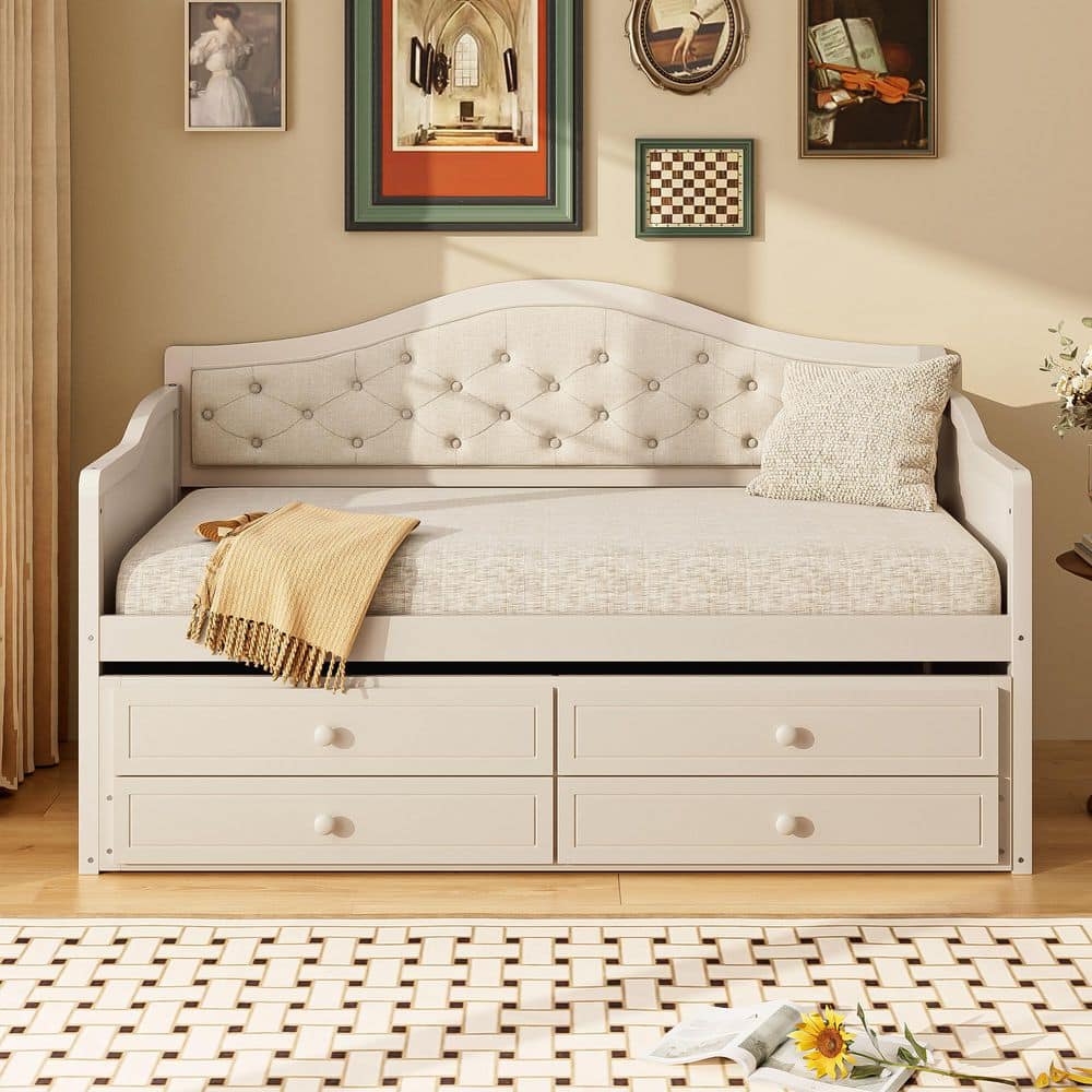 Guide Beige Linen Upholstered Twin Size Daybed with Trundle, 2 Storage Drawers, Tufted Backrest