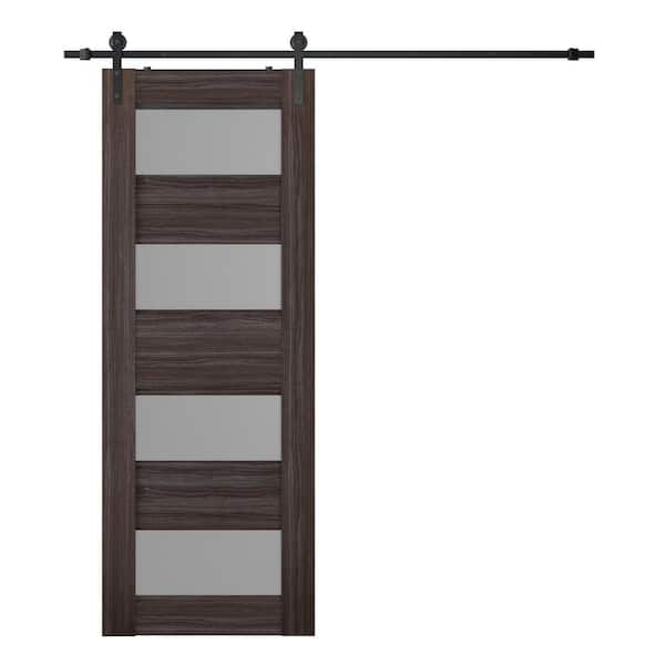 Belldinni Della 28 in. x 80 in. 4-Lite Frosted Glass Gray Oak Wood Composite Sliding Barn Door with Hardware Kit