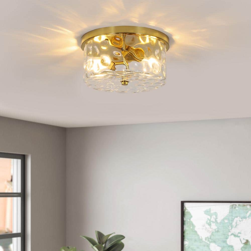 Antiqued Gold 9.8" Flush Mount Ceiling Light with Ripple Glass