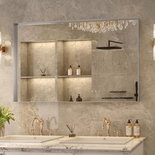 FAMYYT 48 in. W x 30 in. H Rectangular Aluminum Beveled Edge Horizontal and Vertical Wall Bathroom Vanity Mirror in Silver