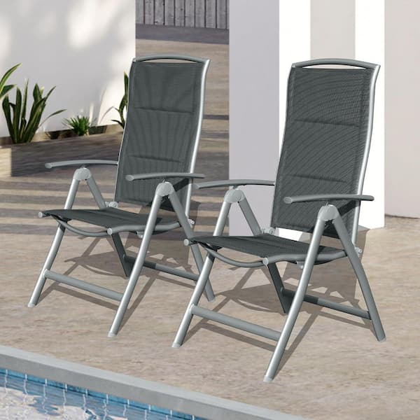 2PCs Outdoor Folding Lawn Chairs, 7-Position Adjustable Patio Reclining Chairs, Silver Aluminum Frame Padded Textilene