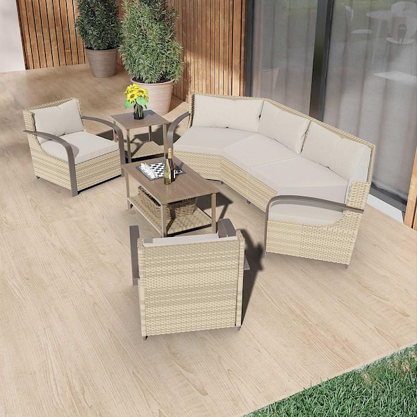 INMITOM 5-Piece Outdoor Patio Conversation Set with Beige Cushions, Seats 6, Includes Coffee Table