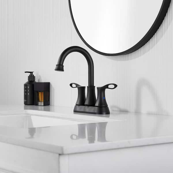 4 in. Centerset Double Handle High Arc Bathroom Sink Faucet Lavatory Faucet with Stainless steel Drain in Matte Black