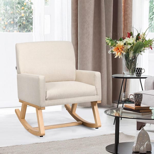 Mid Century Fabric Lounge Chair Upholstered Accent Armchair Rocking Chair Beige