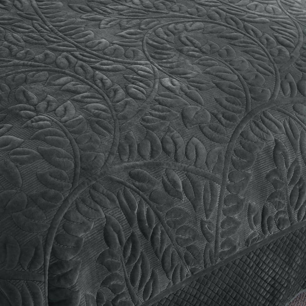 Dark Grey Queen Velvet Quilted 3-Piece Bedding Set