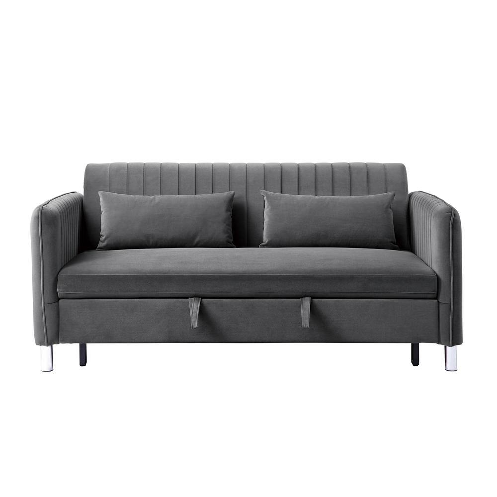 72 in.W Gray Velvet Upholstered Full Size Convertible Sofa Bed with Pillows