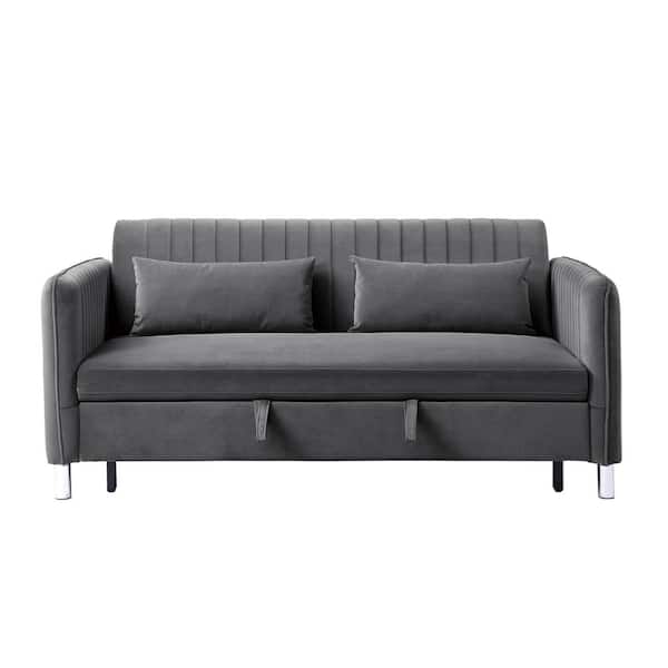 Aoibox 72 in.W Gray Velvet Upholstered Full Size Convertible Sofa Bed with Pillows and Metal Feet