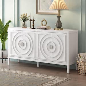 60 in. W x 16 in. D x 32 in. H Retro White Rubberwood Ready to Assemble Kitchen Cabinets Sideboard with Circular Groove