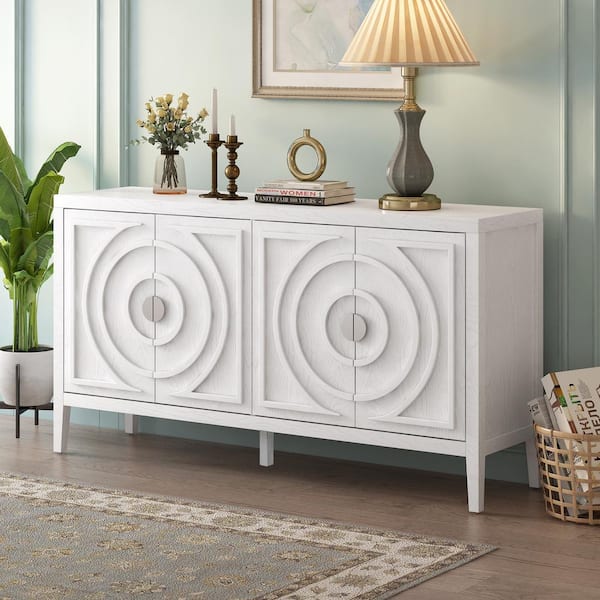 Cesicia 60 in. W x 16 in. D x 32 in. H Retro White Rubberwood Ready to Assemble Kitchen Cabinets Sideboard with Circular Groove