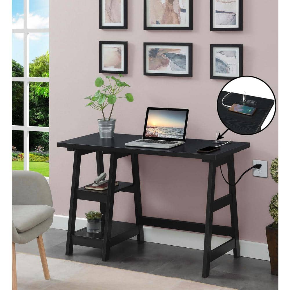 Modern Black Wood Desk with USB Charging Station, 47" Length