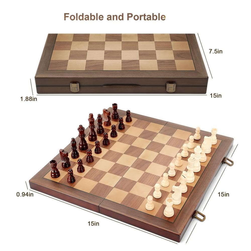 15 in. Walnut and Maple Magnetic Folding Travel Chess Set