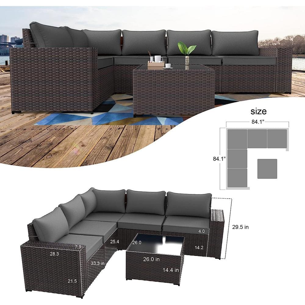 Gray 5-Person Steel Frame Wicker Outdoor Sectional Sofa Set