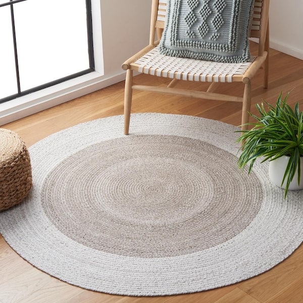Braided Beige Light Gray 5 ft. x 5 ft. Abstract Border Round Area Rug