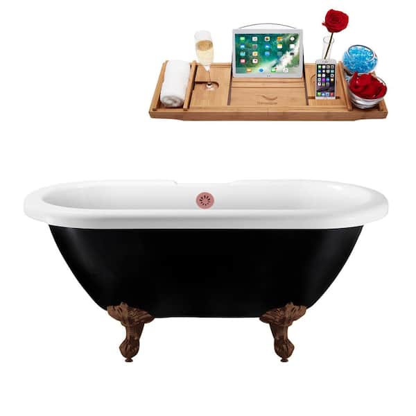 Streamline 59 in. x 28.3 in. Acrylic Clawfoot Soaking Bathtub in Glossy Black with Matte Oil Rubbed Bronze Clawfeet and Pink Drain