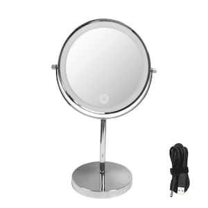 8 in. W x 8 in. H Round Magnifying Freestanding Bathroom Makeup Mirror in Silver with LED Light Dimmable