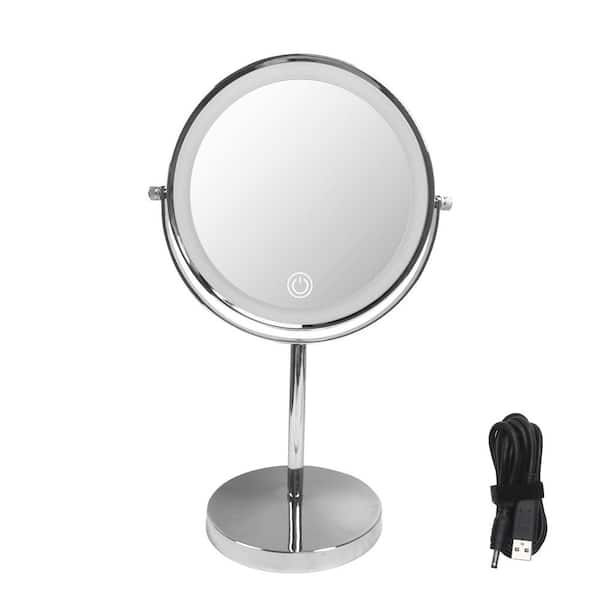 Cesicia 8 in. W x 13.5 in. H Round Magnifying Freestanding Tabletop Bathroom Makeup Mirror in Silver with LED Light Dimmable