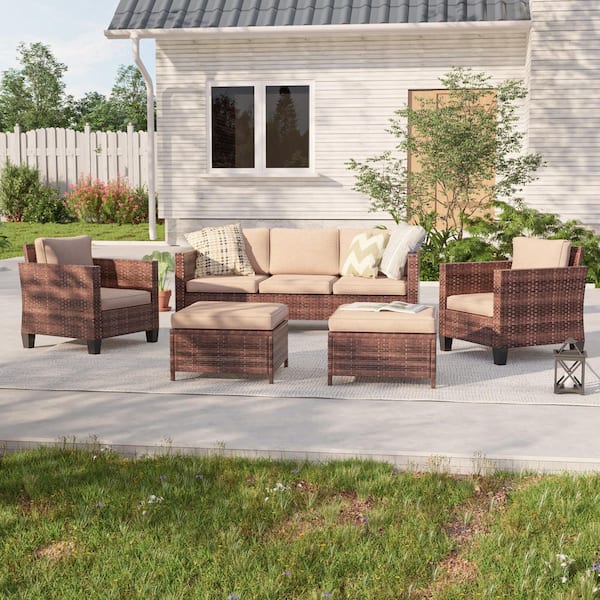 SANLUCE 5-Set Outdoor Brown PE Wicker Conversation Couch Set Extra Ottomans Design for Lawn, Patio and Porch, Sand