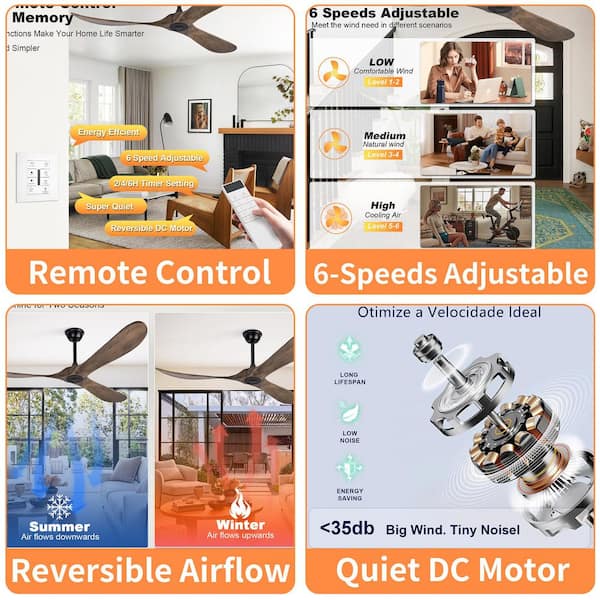 72 in. Black Propeller Downrod Ceiling Fan, Solid Brown Wood Blades, No Light, Remote and Wall Switch