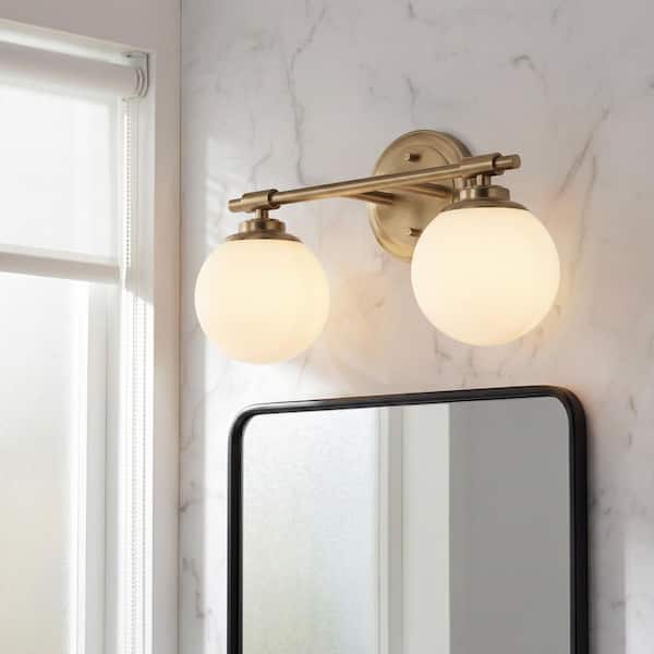 Benno 14.75 in. 2-Light Champagne Bronze Industrial Bathroom Vanity Light with Opal Glass