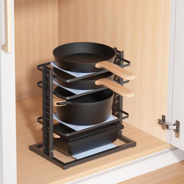 Heavy Duty Adjustable Black Metal 4-Tier Under Cabinet Countertop Pot Rack, Pots and Pans Organizer for under Cabinet