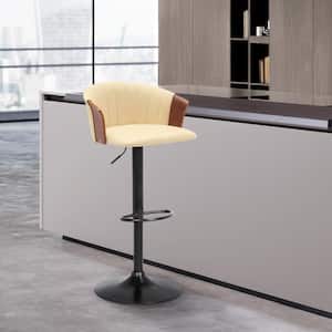 Lydia Adjustable 33 in. Cream/Walnut and Black Metal/Wood Bar Stool with Cream Faux Leather Seat