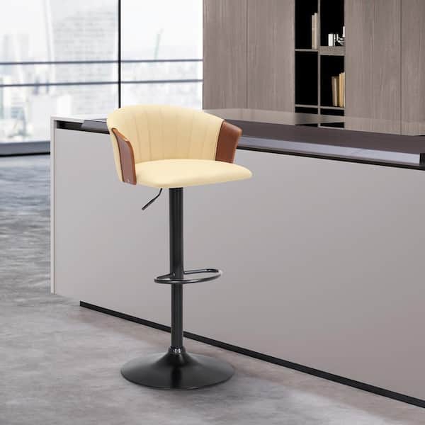 Armen Living Lydia Adjustable 33 in. Cream/Walnut and Black Metal/Wood Bar Stool with Cream Faux Leather Seat