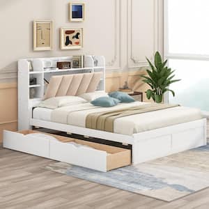 White Wood Frame Queen Platform Bed with 2-Drawer, PU Upholstered Headboard including Built-in Shelves, Hidden Storage