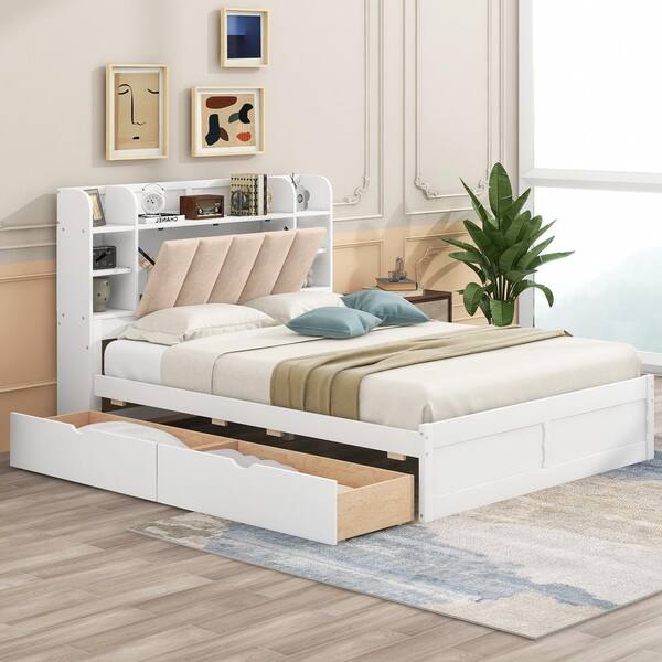 Harper & Bright Designs White Wood Frame Queen Platform Bed with 2 ...