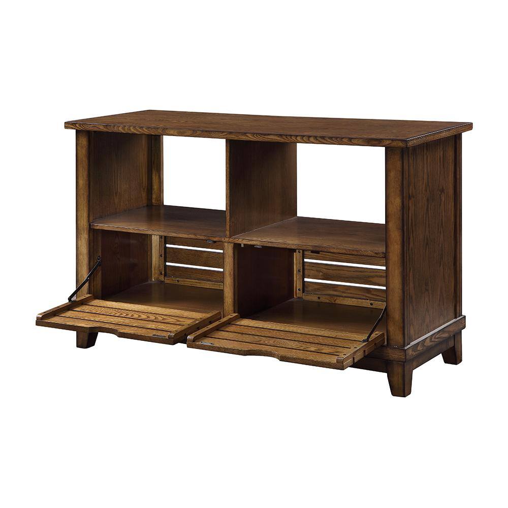 Brown Oak Slatted Front Sofa Table with Storage