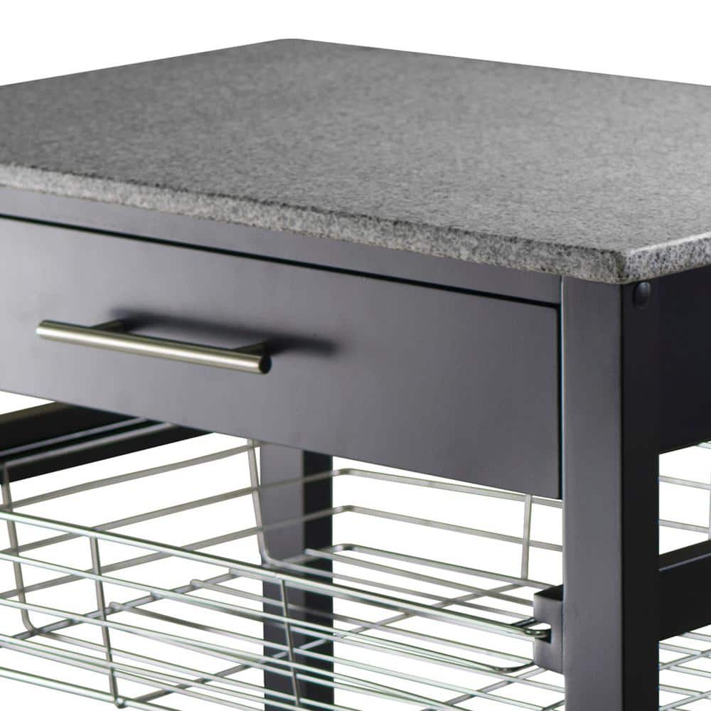 Transitional Julia Granite Top Black Kitchen Cart with Storage