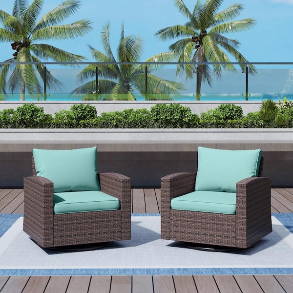PHI VILLA Dark Brown Rattan Wicker Outdoor Patio Swivel Chairs with Aqua Blue Cushions (2-Pack)