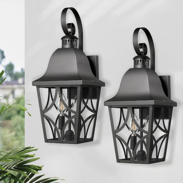 18.1 in. 1-Light Weathered Matte Black Hardwired Outdoor Wall Light Lantern Porch Sconce with Clear Glass (2-Pack)