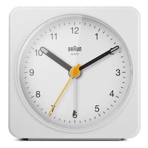 Classic Analog Alarm Clock, Snooze&Light, Quiet Sweeping Movement, Crescendo Beep Alarm in White, model BC03W.