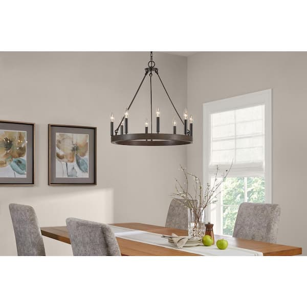 Hampton Bay Wynnewood 8-Light Matte Black and Faux Wood Wagon Wheel Chandelier Light Fixture