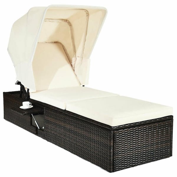 ANGELES HOME Wicker Outdoor Chaise Lounge Chair with Folding Canopy with Adjustable Backrest and White Cushions
