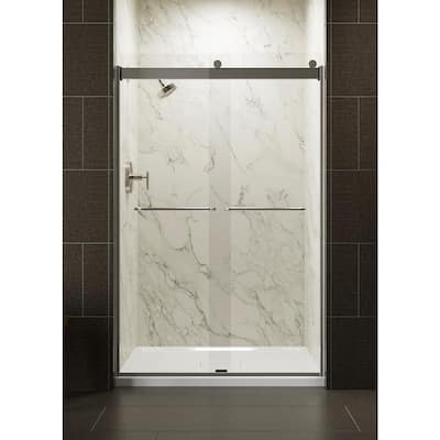 Levity 47.625 in. W x 74 in. H Semi-Frameless Sliding Shower Door in Nickel with Towel Bar