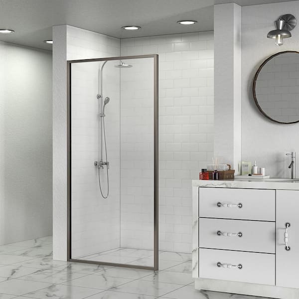 Unbranded 34 in. W x 76 in. H Sliding Semi-Frameless Shower Door in Brushed Nickel Finish with Clear Glass