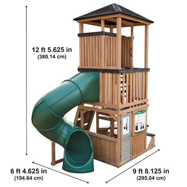 DIY Panorama Tower Outdoor Wooden Playhouse with Tube Slide, Climbing Wall, Bench, Play Kitchen with a 3-Story Deck