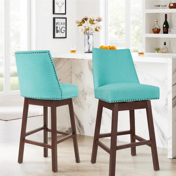 JEAREY 29.53 in Back Swivel Velvet Peacock Blue Bar Stool with Rubber Wood Frame (Set of 2)