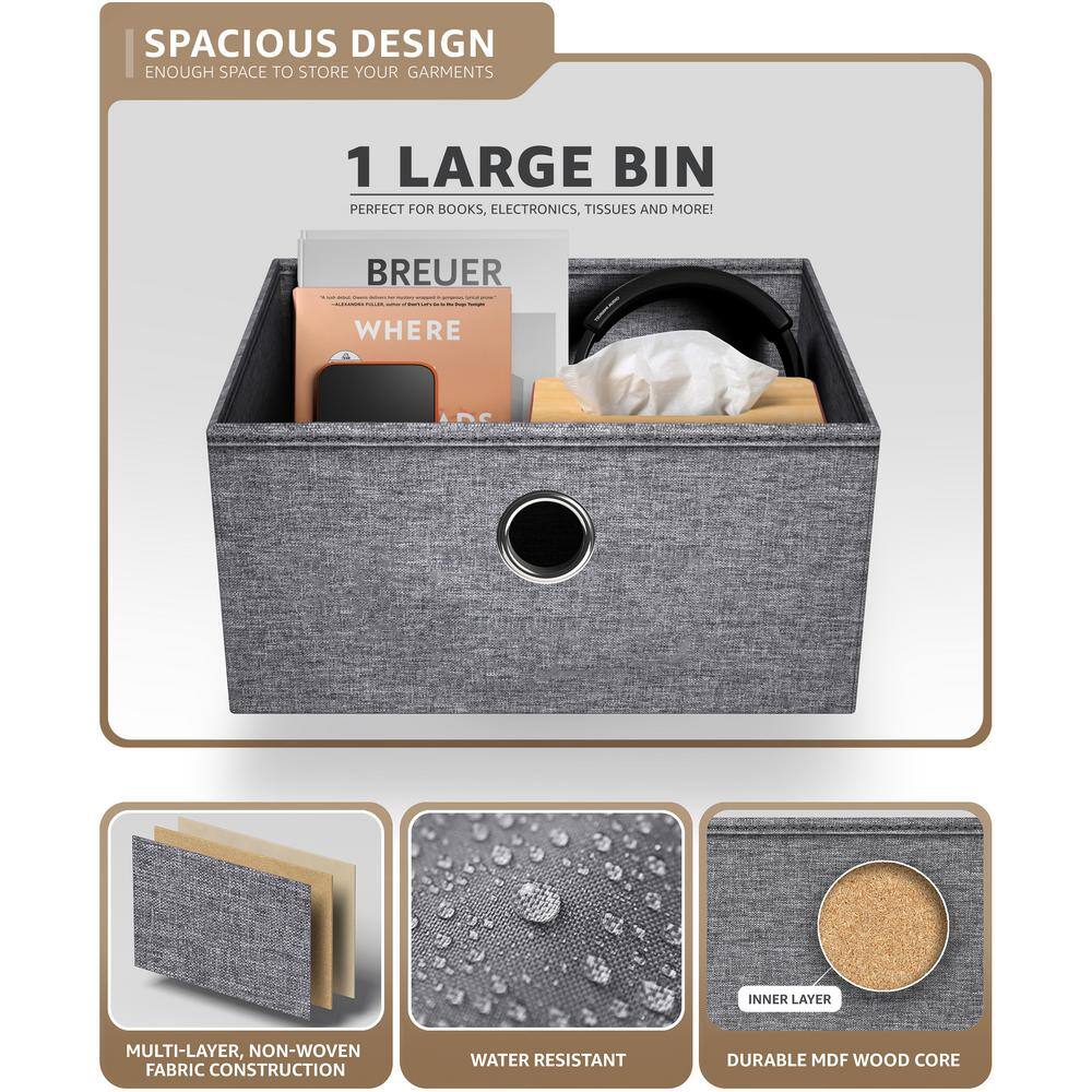 Black Steel Frame Nightstand with Wood Top and Fabric Drawer