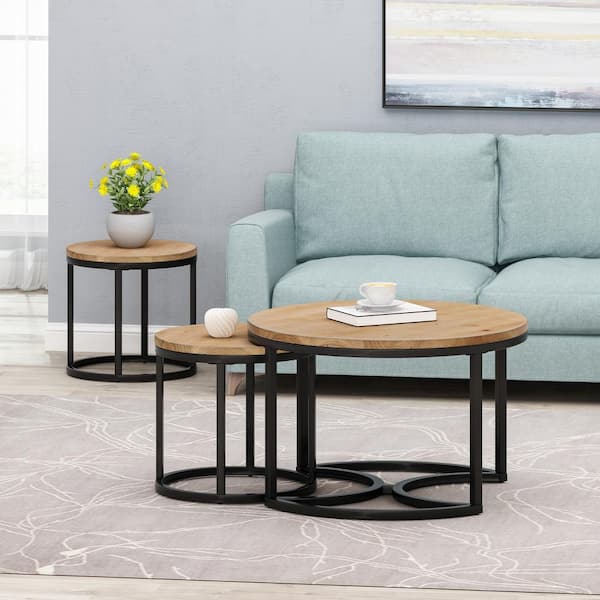 CHRISTOPHER KNIGHT HOME 31.5 in. Antique Black Modern 3-Pieces Fir Wood Top Round Nesting End Table Coffee Tables