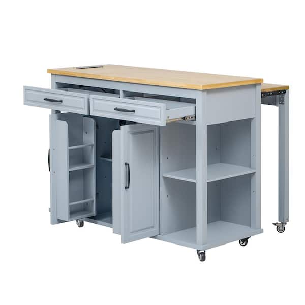 Zeus & Ruta Gray Blue Wood 47 in. W Large Kitchen Island with Extendable Dining Table, 2-Drawers and Open Shelves