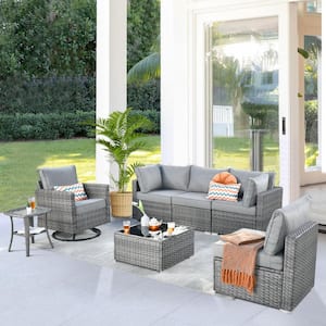 Daffodil M Gray 7-Piece Wicker Patio Outdoor Conversation Sofa Set with a Swivel Rocking Chairs and Dark Gray Cushions