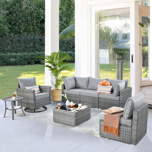 weaxty W Daffodil M Gray 7-Piece Wicker Patio Outdoor Conversation Sofa Set with a Swivel Rocking Chairs and Dark Gray Cushions
