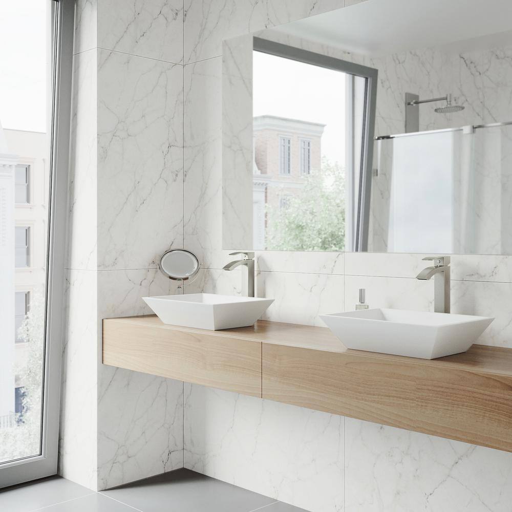 Elegant Matte White Stone Rectangular Vessel Bathroom Sink Set