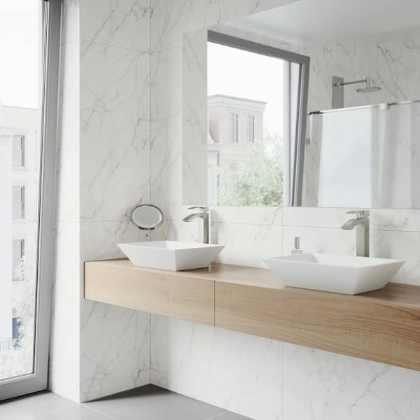 VIGO White Vinca Handmade Countertop Matte Stone Rectangle Vessel Bathroom Sink in Matte White VIGO White Vinca Handmade Countertop Matte Stone Rectangle Vessel Bathroom Sink in Matte White