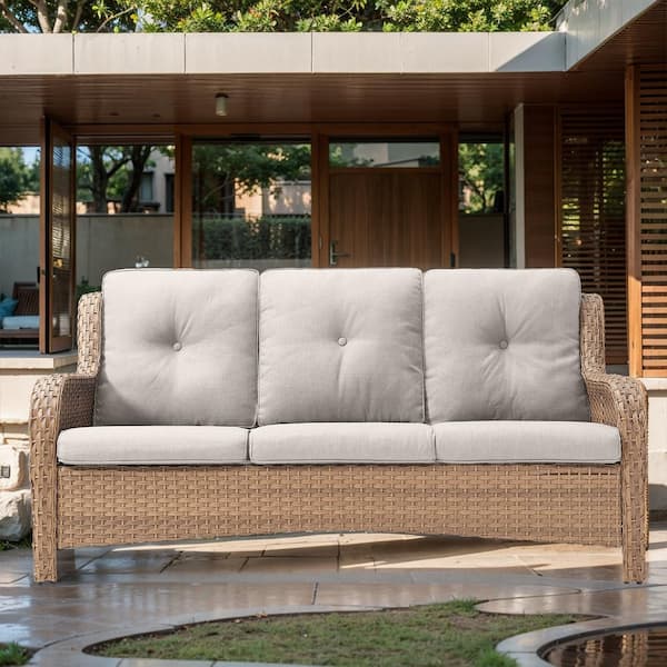 3 Seat Wicker Outdoor Patio Sofa Couch with Deep Seating and Cushions, Suitable for Porch Deck Balcony(Yellow/Beige)